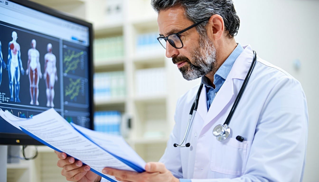 a medical provider looking at a screen filling a form